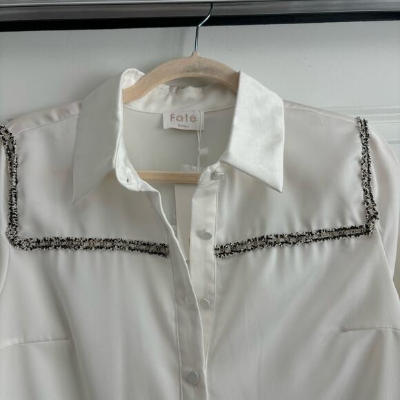 NWT Fate White Tweed Button Down Shirt Blouse Sz S Office Career - Picture 3 of 10